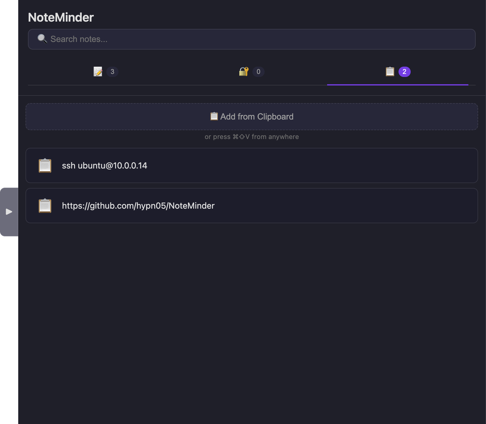 NoteMinder in the default dark theme, showing the Clips tab with two saved clips