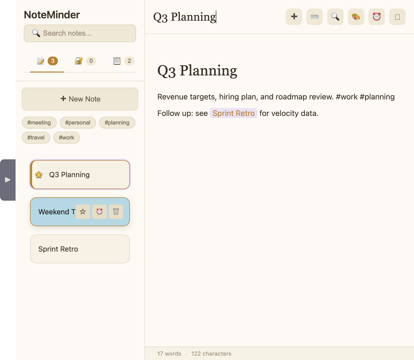 NoteMinder in the warm Paper theme, showing a note with a serif heading and gold accents
