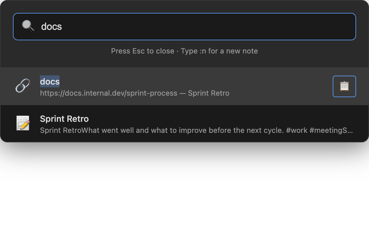 Spotlight-style search showing a link result labeled 'docs' with its URL, ready to copy, above a matching note result